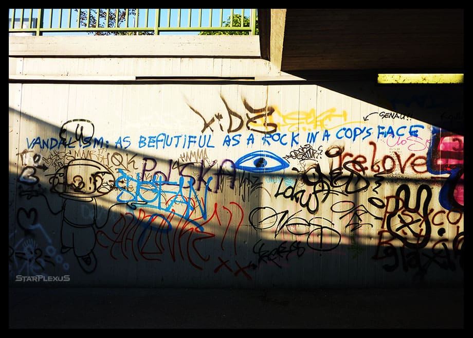 vandalism: as beautiful as a rock in a cop's face